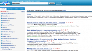 Search result on data mining is listed on the right. Yippy clusters the search as can be  seen on the left.