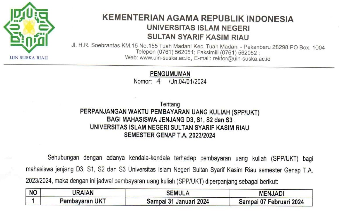 Perpanjangan Waktu Pembayaran Uang Kuliah Tunggal Ukt Tahun Akademik